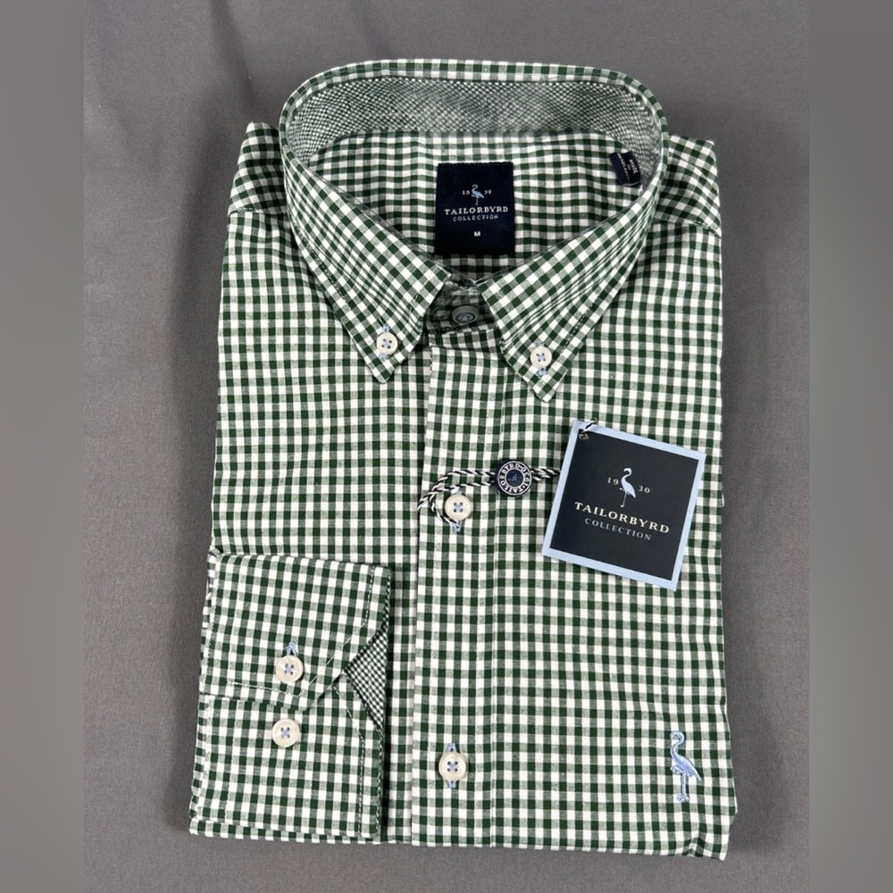 Tailorbyrd Sport Shirt Gingham Checks LS Medium Green Cotton Spandex